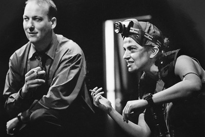 Production still for "A Few Roos Loose in the Top Paddock". L-R: Matthew Quartermaine as Pete, Melita Jurisic as Ruby. Photographer: Jeff Busby