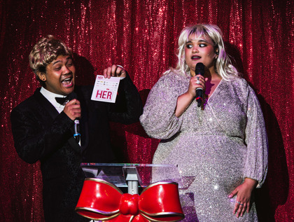 Production photography from F**k Christmas (2024). Photographer: Gregory Lorenzutti. In photograph: John Marc Desengano & Milo Hartill