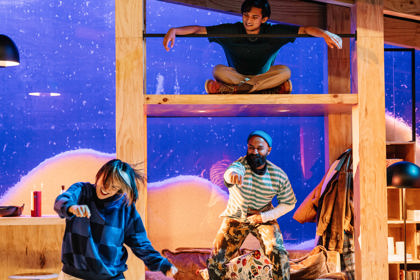 Production still for the 2022 Season of 'Stay Woke'. L-R: Brooke Lee, Dushan Philips, Kaivu Suvarna (above). Photographer: Phoebe Powell