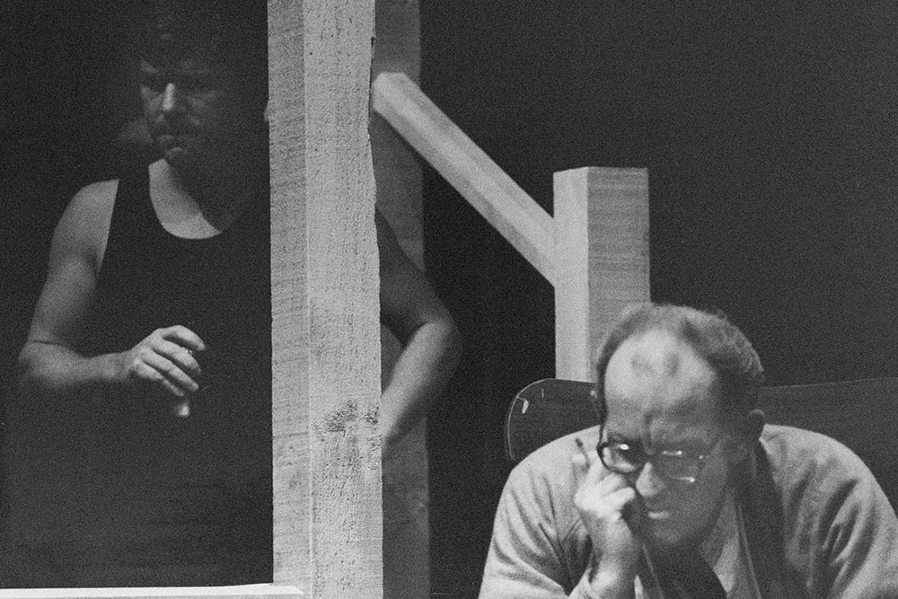 Production still for "Bullsh!" L-R: Brian Hannan as Mick Flaherty, John Wood as Sandy Doyle. Photographer: Unknown