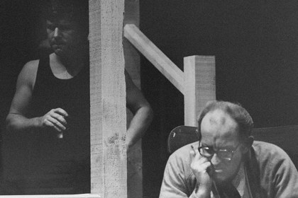 Production still for "Bullsh!" L-R: Brian Hannan as Mick Flaherty, John Wood as Sandy Doyle. Photographer: Unknown