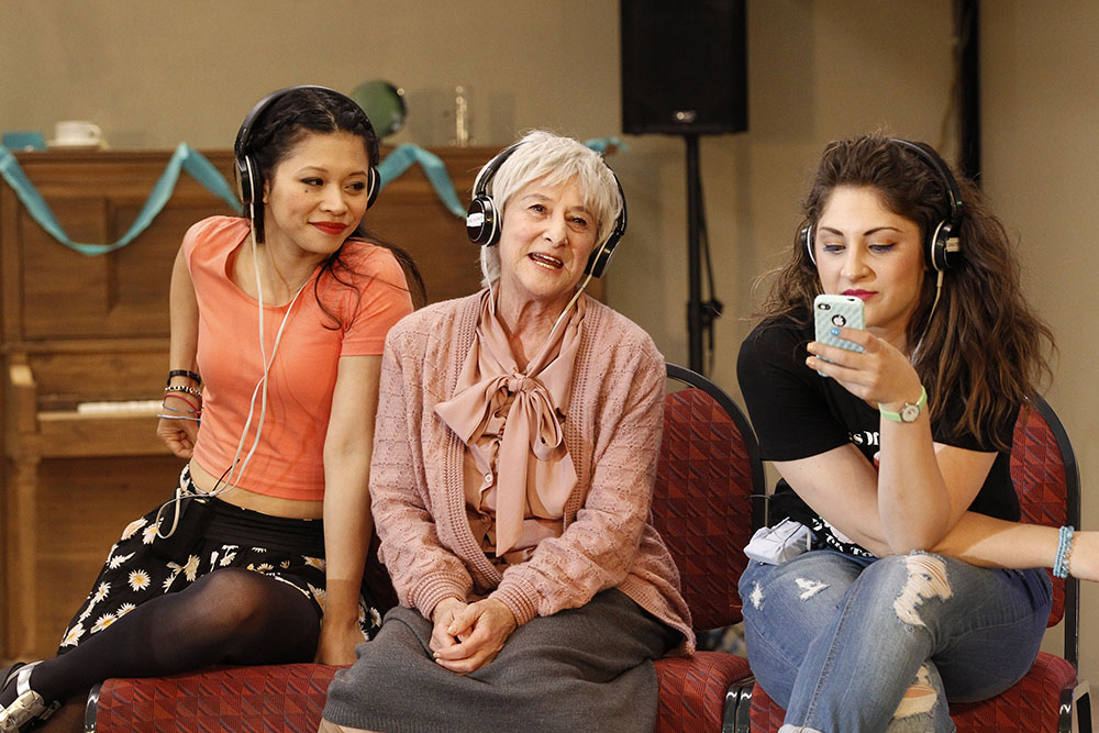 Production still for "Hello, Goodbye and Happy Birthday. L-R: HaiHa Le, Evelyn Krape, Diana Perini. Photographer: Jeff Busby