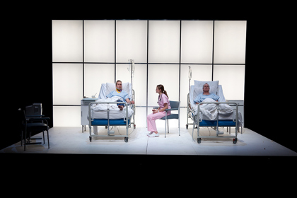 Production still for "Pompeii, LA". L-R: David Harrison, Anna Samson, Greg Stone. Photographer: Pia Johnson