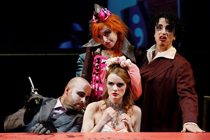 Production still for "The Threepenny Opera". L-R: John Xintavelonis as Mitch, Amy Lehpamer as Sukey Tawdry, Anna O'Byrne as Polly Peachum, Paul Capsis as Jenny. Photographer: Jeff Busby