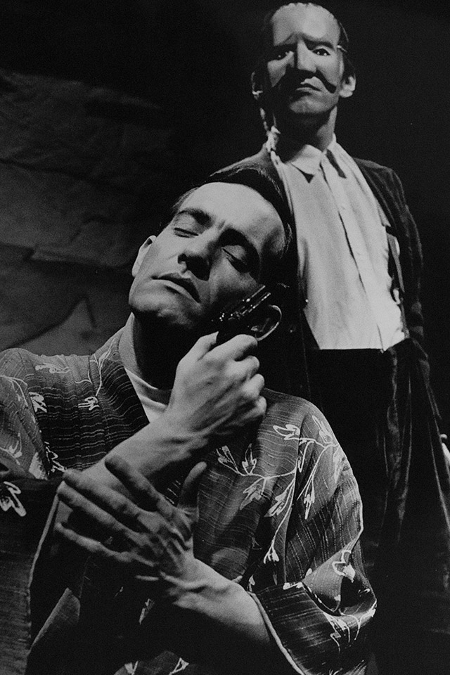 Publicity still for "Bertolt Brecht Leaves Los Angeles". L-R: Robert Harrison as Pinkerton, William Zappa as Brecht. Photographer: Jeff Busby