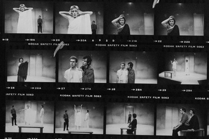 Production still for "Britannicus". L-R: Margaret Cameron as Junia, Robert Meldrum as Nero, Lindy Davies as Agrippina, Alan Knoepfler as Britannicus, David Cameron as Narcissus. Photographer: Unknown