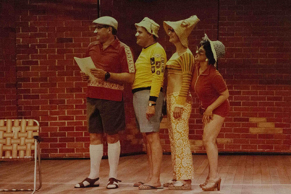 Production still for "Away". L-R: John Wood, Ross Williams, Jillian Murray, Evelyn Krape. Photographer: Jeff Busby