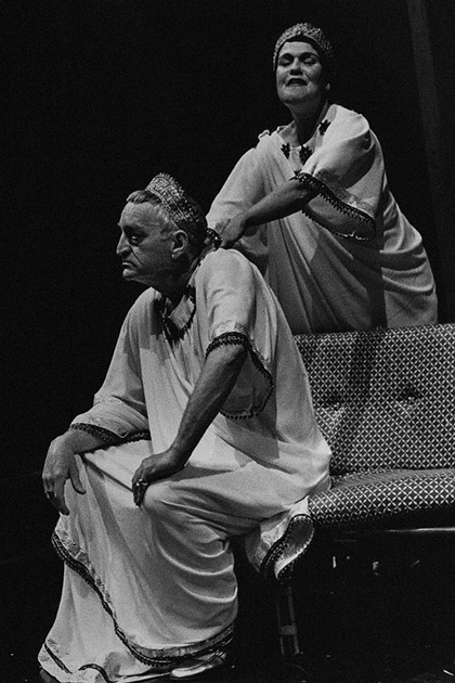 Production still for "My Son the Lawyer is Drowning". L-R: Frank Wilson as God, Beverley Dunn as Rifka. Photographer: Jeff Busby