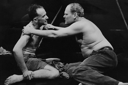 Production still for "A Manual of Trench Warfare". L-R: Howard Stanley as Barry Moon, Malcolm Robertson as Brendan Barra. Photographer: Jeff Busby