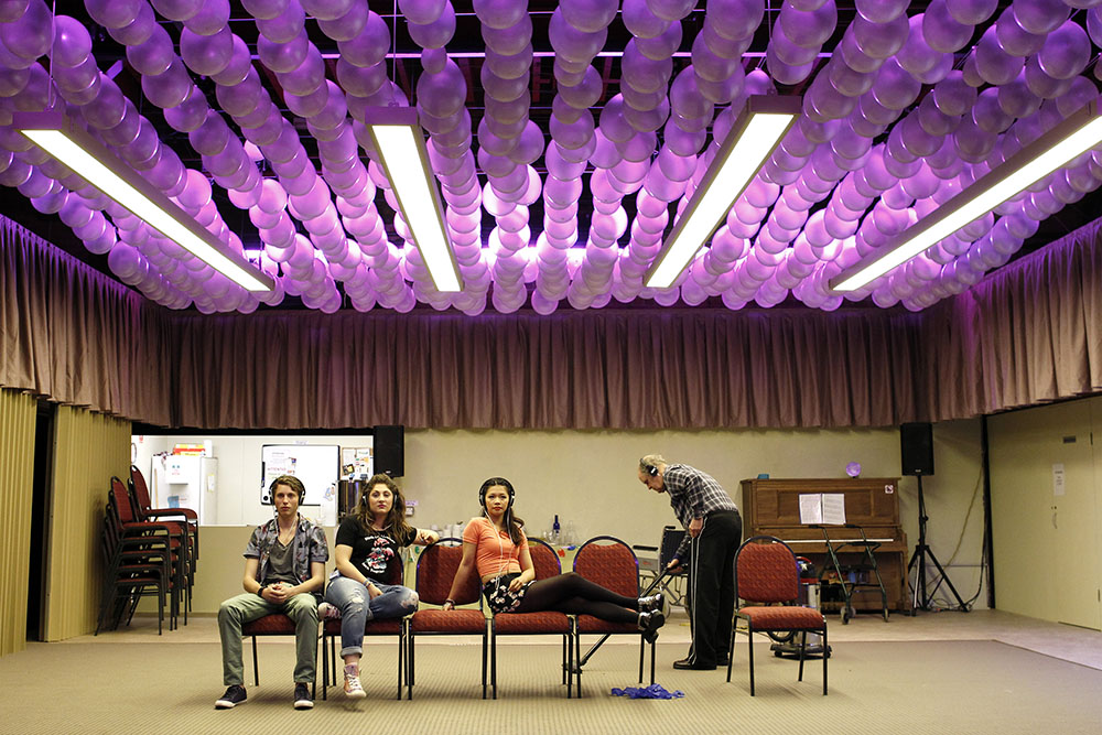 Production still for "Hello, Goodbye and Happy Birthday. L-R: Matthew Connell, Diana Perini, HaiHa Le, Jim Daly. Photographer: Jeff Busby