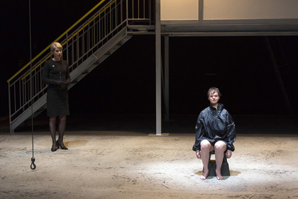 Production still for "Antigone". L-R: Jane Montgomery Griffiths, Emily Milledge. Photographer: Pia Johnson