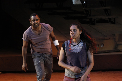 Production still for "The Shadow King". L-R: Jimi Bani, Natasha Wanganeen. Photographer: Jeff Busby