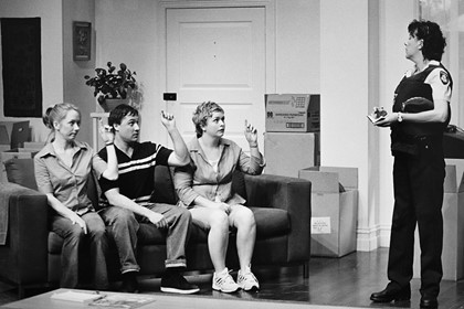 Production still for "This Way Up". L-R: Mandy McElhinney, Luke Elliot, Marian Haddrick, Lynda Gibson. Photographer: Jeff Busby