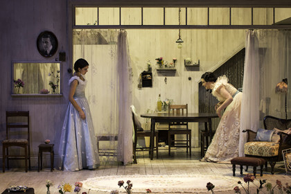 Production still for "The Glass Menagerie". L-R: Rose Riley as Laura Wingfield, Pamela Rabe as Amanda Wingfield. Photographer: Pia Johnson