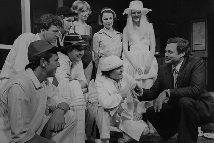 Production still for "Outside Edge". Sporting legend Ron Barassi (far right) talking with the cast. Photographer: Jeff Busby