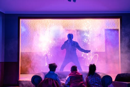 Production still for the 2022 Season of 'K-BOX'. L-R: Maude Davey, Jeffrey Liu (singing), Syd Brisbane, Susanna Qian. Photographer: Phoebe Powell