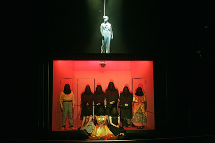 Production still for "The Threepenny Opera". Eddie Perfect as MacHeath (top). Photographer: Jeff Busby