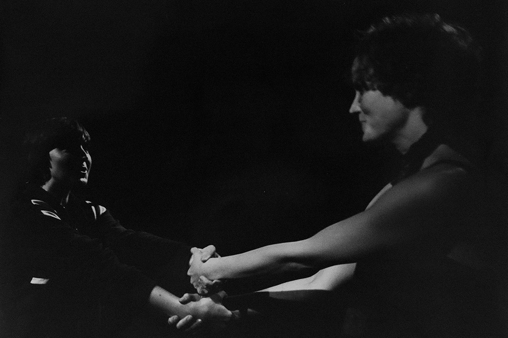 Production still for "Alison Mary Fagan". L-R: Suzanne Baron and Nancy Black, who both play Alison. Photographer: Unknown