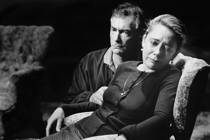 Production still for "Nightfall". L-R: Ian Scott as Edward Kingsley, Margaret Cameron as Emily Kingsley. Photographer: Ponch Hawkes.