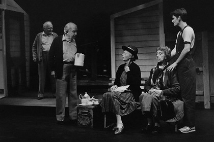 Production still for "Alive and Kicking". L-R: Robin Cuming as Alan, Brian James as Stan, Mary Ward as Louise, Patricia Kennedy as Rebecca, Damian Madigan as Peter. Photographer: Unknown