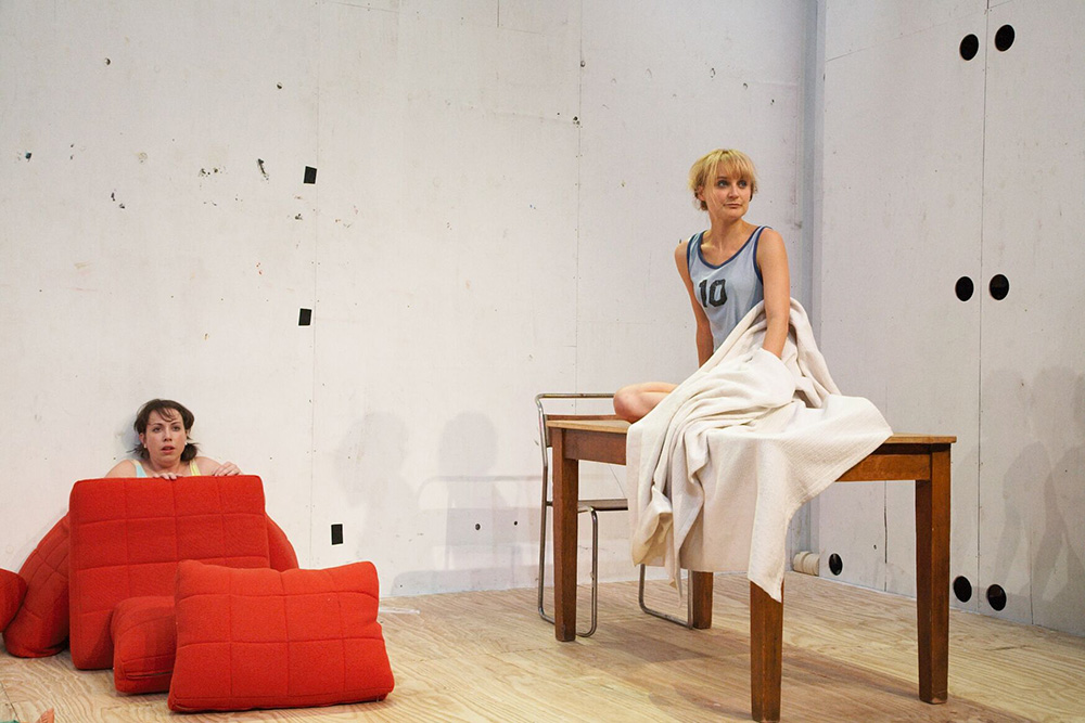 Production still from the Adelaide production of "Moving Target". L-R: Alison Bell, Rita Kalnejais. Photographer: Tania Kelley