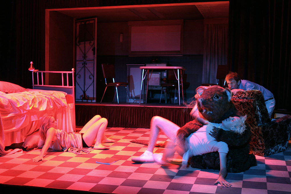 Production still for "Furious Mattress". L-R: Kate Kendall as Else, Thomas Wright as Max, Robert Menzies as Pierce. Photographer: Jeff Busby