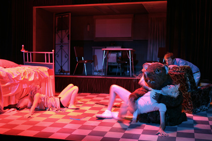 Production still for "Furious Mattress". L-R: Kate Kendall as Else, Thomas Wright as Max, Robert Menzies as Pierce. Photographer: Jeff Busby