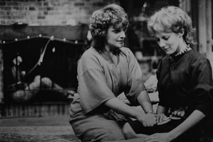 Production still for "Extremities". L-R: Nicholas Eadie as Raul, Linden Wilkinson as Marjorie, Sally Cahill as Pamela. Photographer: David B. Simmonds