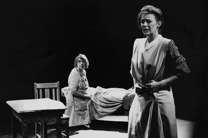 Production still for "The Newspaper of Claremont Street". L-R: Patricia Kennedy, Jane Bayly. Photographer: Jeff Busby