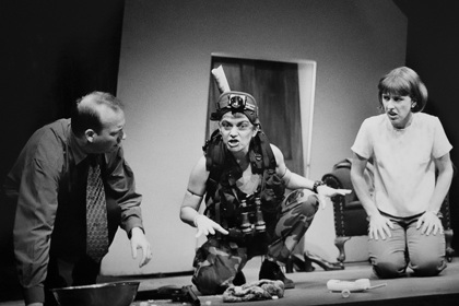 Production still for "A Few Roos Loose in the Top Paddock". L-R: Matthew Quartermaine as Pete, Melita Jurisic as Ruby, Tracy Harvey as Suzy. Photographer: Jeff Busby