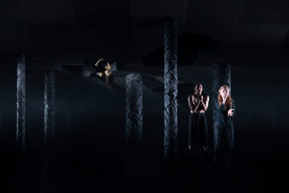 Production still for the 2022 Season of 'Monsters'. L-R: Josie Weise, Kimball Wong, Alison Whyte. Photographer: Pia Johnson