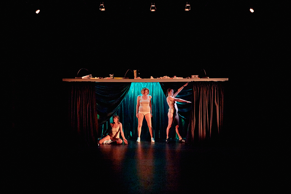 Production still for "Wild Bore". L-R: Adrienne Truscott, Ursula Martinez, Zoe Coombs Marr. Photographer: Tim Grey