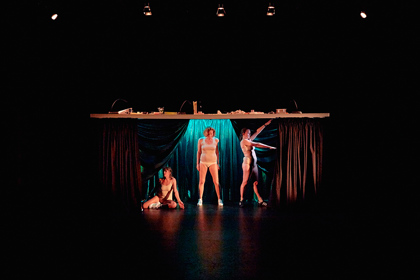 Production still for "Wild Bore". L-R: Adrienne Truscott, Ursula Martinez, Zoe Coombs Marr. Photographer: Tim Grey
