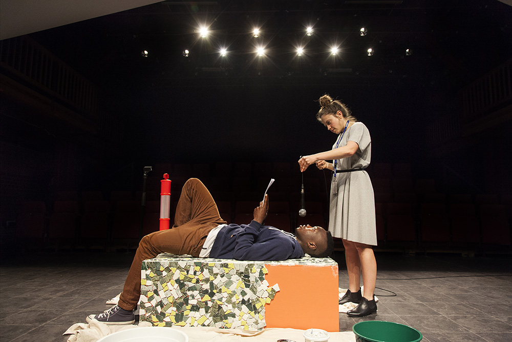 Production still for "A Social Service". L-R: Shaan Juma, Nicola Gunn. Photographer: Pia Johnson