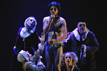 Production still for "Journal of the Plague Year". L-R: Marta Dusseldorp (standing), Julie Forsyth, Matthew Whittet, Lucy Taylor, Ross Williams. Photographer: Lisa Tomasetti