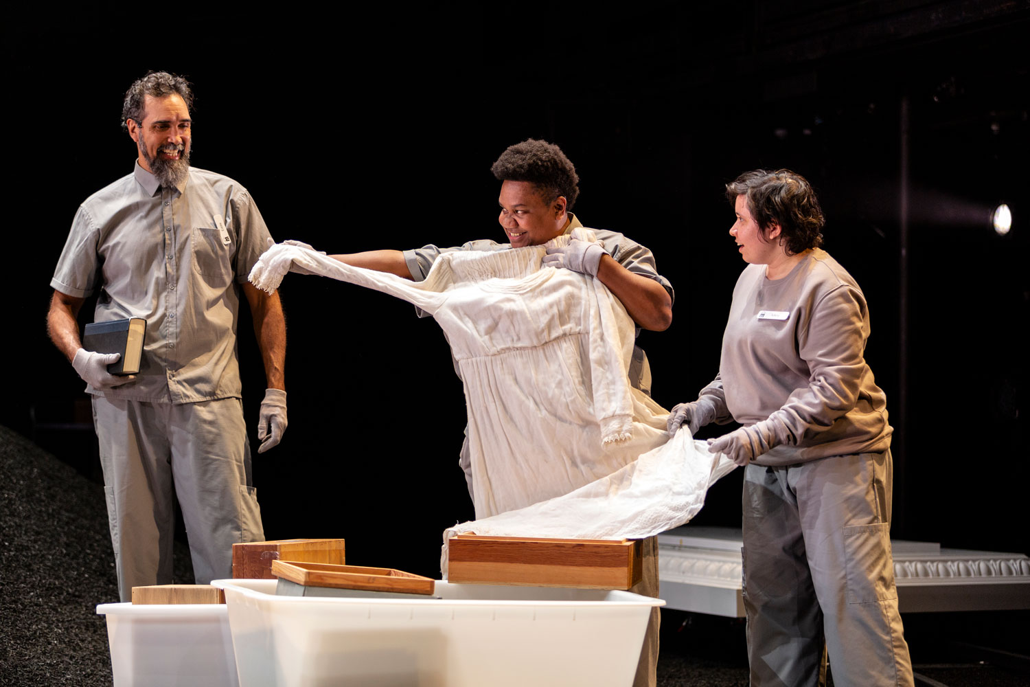 Production still for the 2022 Season of 'The Return'. L-R: Damion Hunter, Ghenoa Gela, Angelica Lockyer. Photographer: Pia Johnson