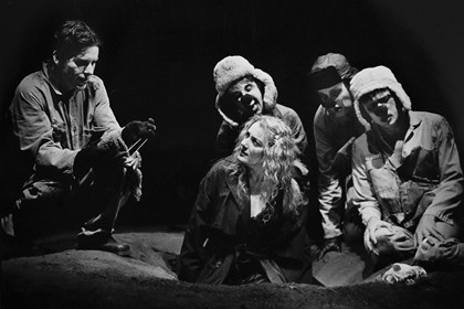 Production still for "The Dogs Play". L-R: Ben Rogan as Danny/Dog, Tracy Harvey as Dog, Melita Jurisic as Jenna, Matthew Quartermaine as Dog, Ross Daniels as Dog. Photographer: Jeff Busby