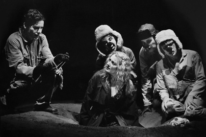 Production still for "The Dogs Play". L-R: Ben Rogan as Danny/Dog, Tracy Harvey as Dog, Melita Jurisic as Jenna, Matthew Quartermaine as Dog, Ross Daniels as Dog. Photographer: Jeff Busby