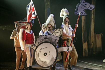 Production still for the 2006 production of "Babes in the Wood". L-R: Francis Greenslade as Flapgherkin, Lucy Taylor as Reggie, Caroline Craig as Ruby, Diana Emry as Phyllis, Eddie Perfect as Jack. Photographer: Jeff Busby