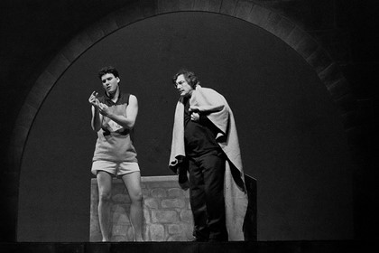 Production still for "The Passion and its Deep Connection with Lemon Delicious Pudding". L-R: Matthew Dyktynski, Ian Scott. Photographer: Unknown