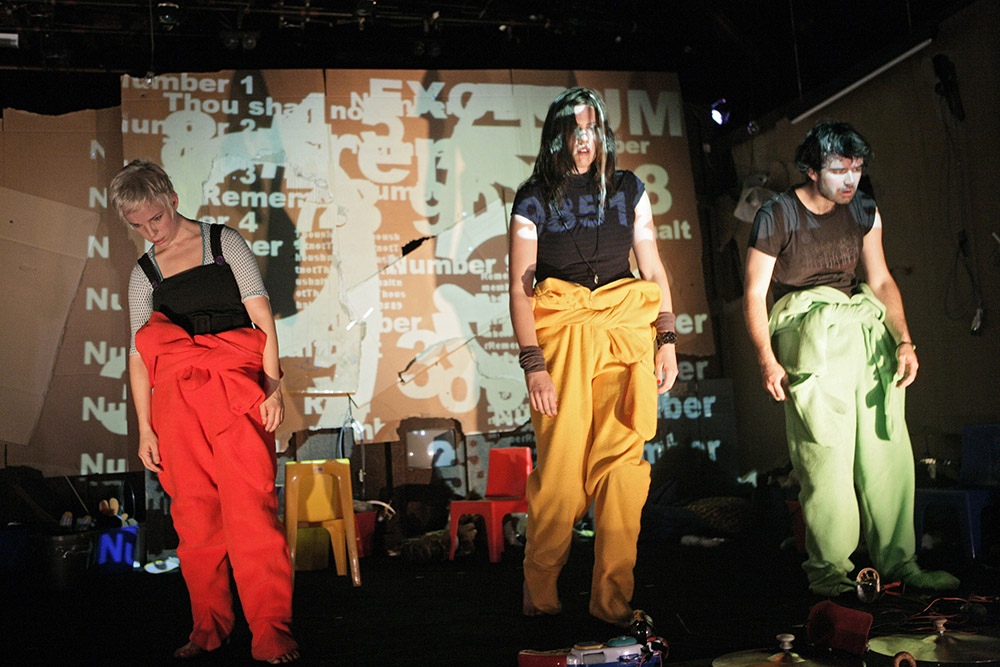 Production still for "OT: Chronicles of the Old Testament". L-R: Amelia Best, Katherine Tonkin, Phillip McInnes. Photographer: Jeff Busby