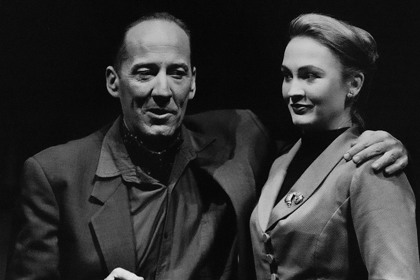 Production still for "A Dickins' Christmas". L-R: Michael Carman as Fred, Helen Thomson as Miss Zoe. Photographer: Jeff Busby