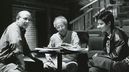 Publicity photograph for "Pacific Union". L-R: Bruce Myles (Director), Alex Buzo (Playwright) and Judith Cobb (Designer) in the Beckett Theatre. Photographer: Jeff Busby