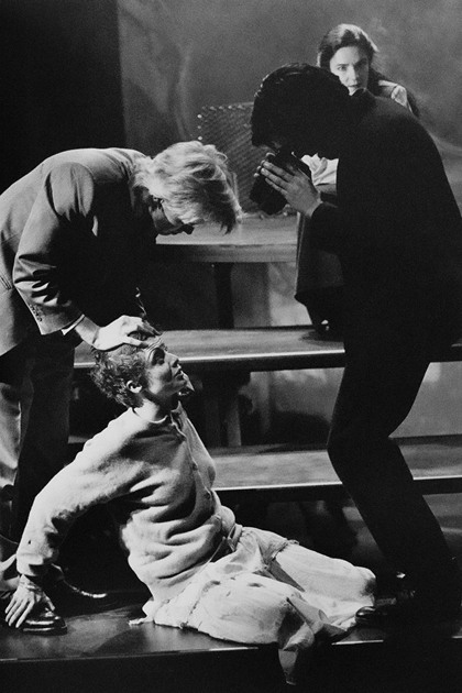 Production still for "Underwear, Perfume, Crash Helmet". L- R: Simon Wilton as Patrick, Tammy McCarthy as Michell, David Tredinnick as Nicholas, Janet Andrewartha as Caroline. Photographer: Jeff Busby
