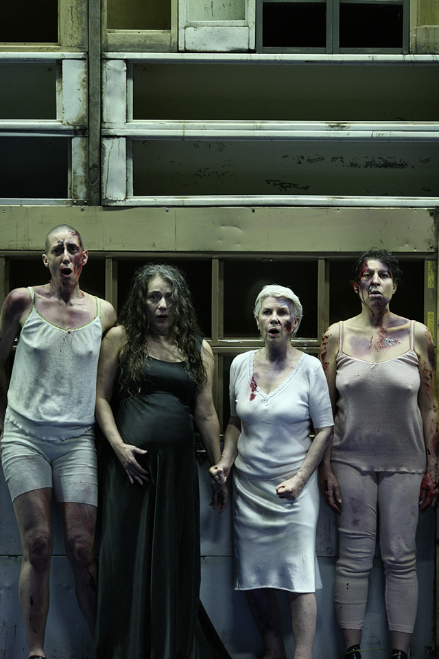 Production still for "The Women of Troy". L-R: Jennifer Vuletic, Melita Jurisic, Robyn Nevin, Natalie Gamsu. Photographer: Tracey Schramm