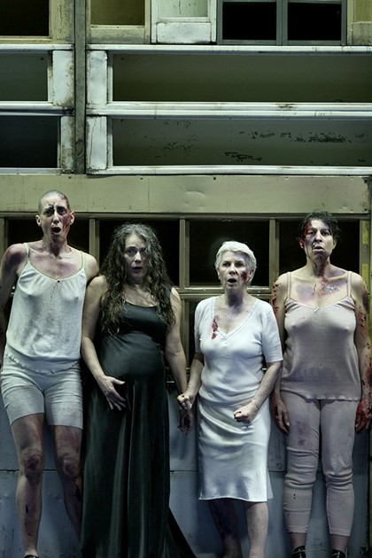 Production still for "The Women of Troy". L-R: Jennifer Vuletic, Melita Jurisic, Robyn Nevin, Natalie Gamsu. Photographer: Tracey Schramm