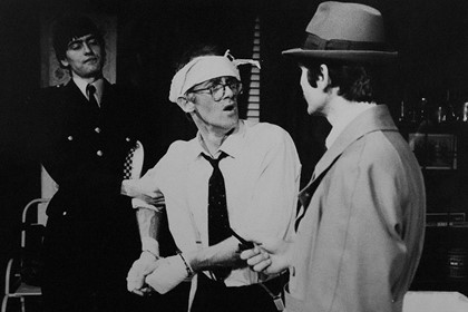 Production still for "Loot". L-R: Simon Rogers as Meadows, Phil Thomson as Dennis, David Swann as Truscott. Photographer: Unknown