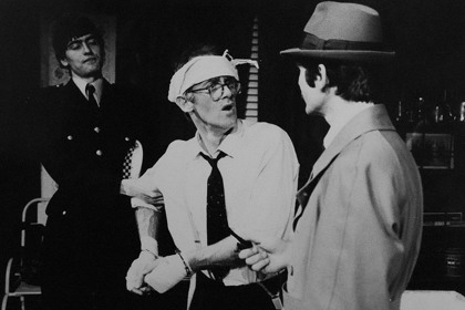 Production still for "Loot". L-R: Simon Rogers as Meadows, Phil Thomson as Dennis, David Swann as Truscott. Photographer: Unknown