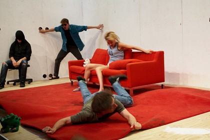 Production still from the Adelaide production of "Moving Target". L-R: Hamish Michael, Robert Menzies, Matthew Whittet (front), Rita Kalnejais. Photographer: Tania Kelley