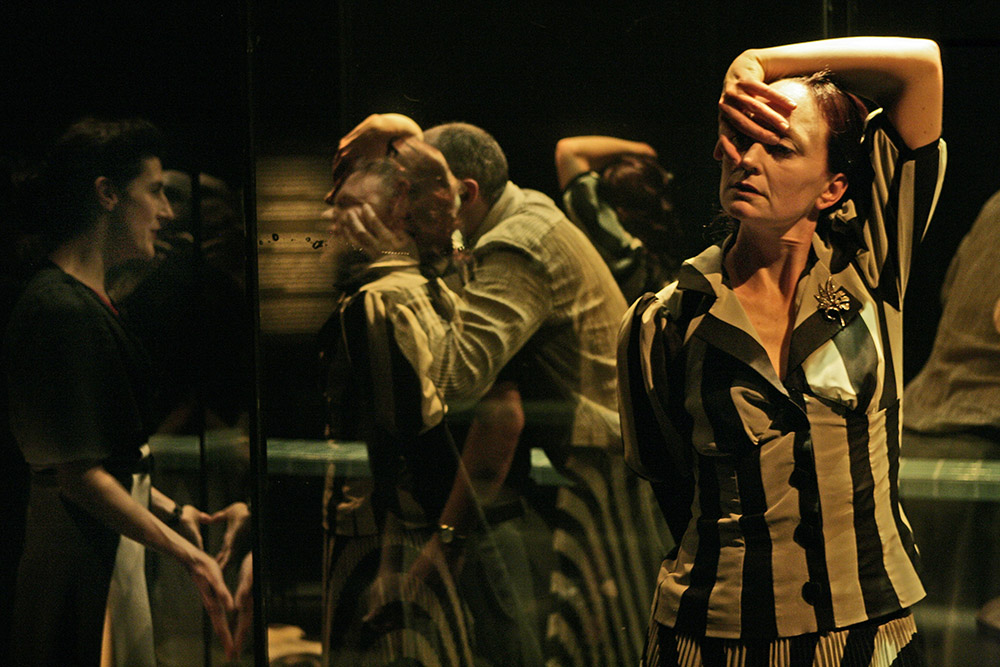 Production still for "Black". L-R: Moira Finucane, Martin Coutts, James Wardlaw, Caroline Lee. Photographer: Jeff Busby